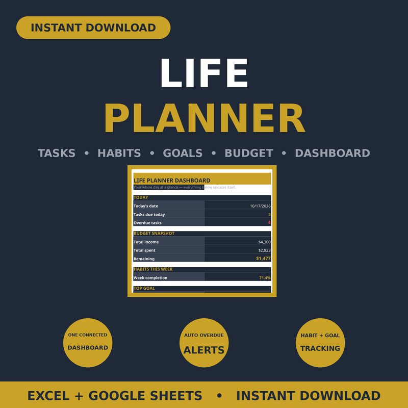 Life Planner Spreadsheet — Dark Mode — spreadsheet planner cover
