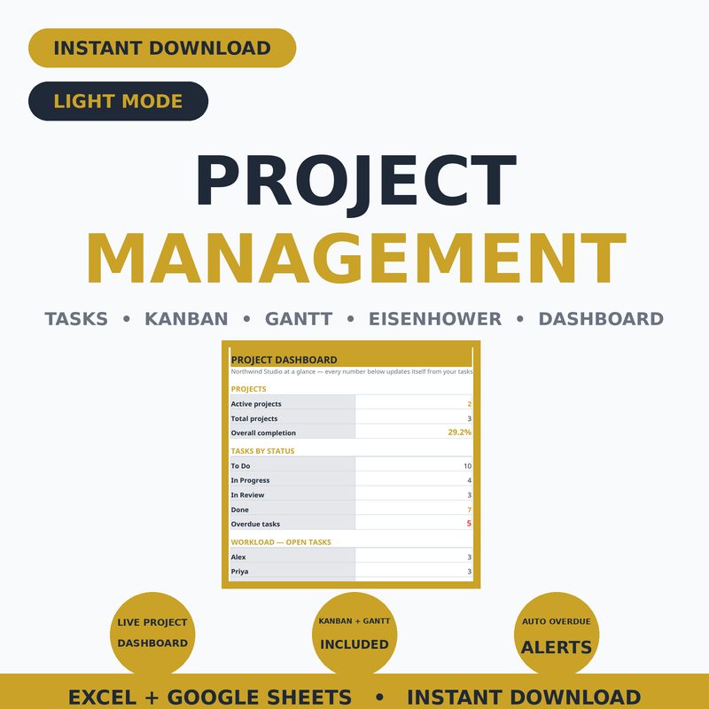 Project Management — Light Mode — spreadsheet planner cover